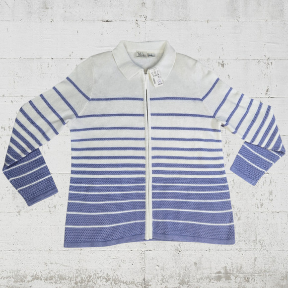 Y2K Vintage Periwinkle White Stripe Full Zip Up CJ Banks Sweater Jacket Size 14W - Picture 2 of 8